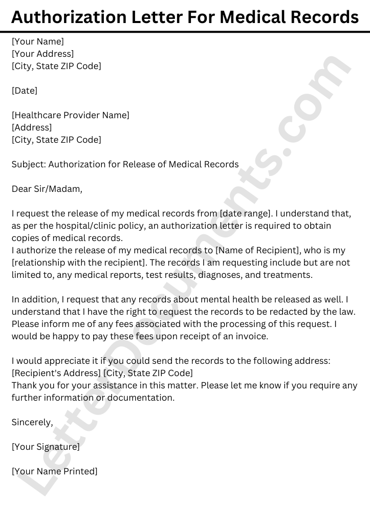 Authorization Letter For Medical Records