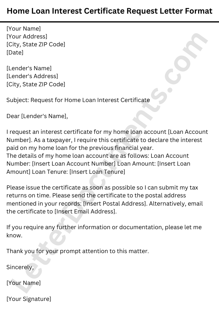 Home Loan Interest Certificate Request Letter Format