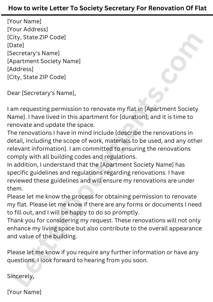 How to write Letter To Society Secretary For Renovation Of Flat