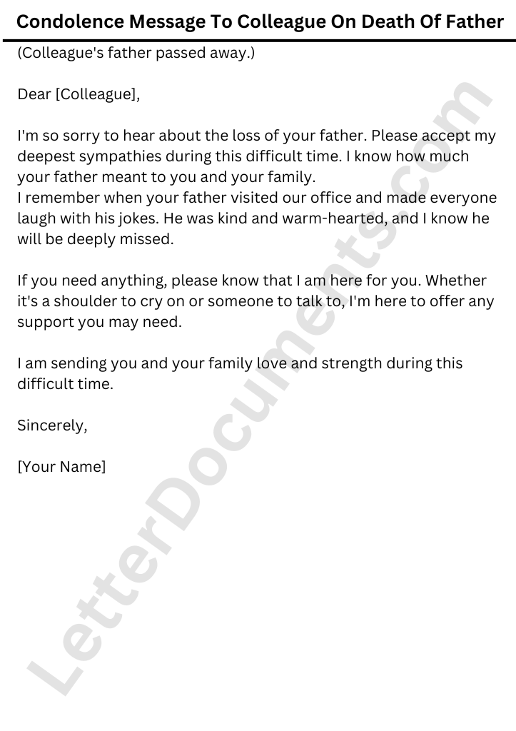 Condolence Message To Colleague On Death Of Father