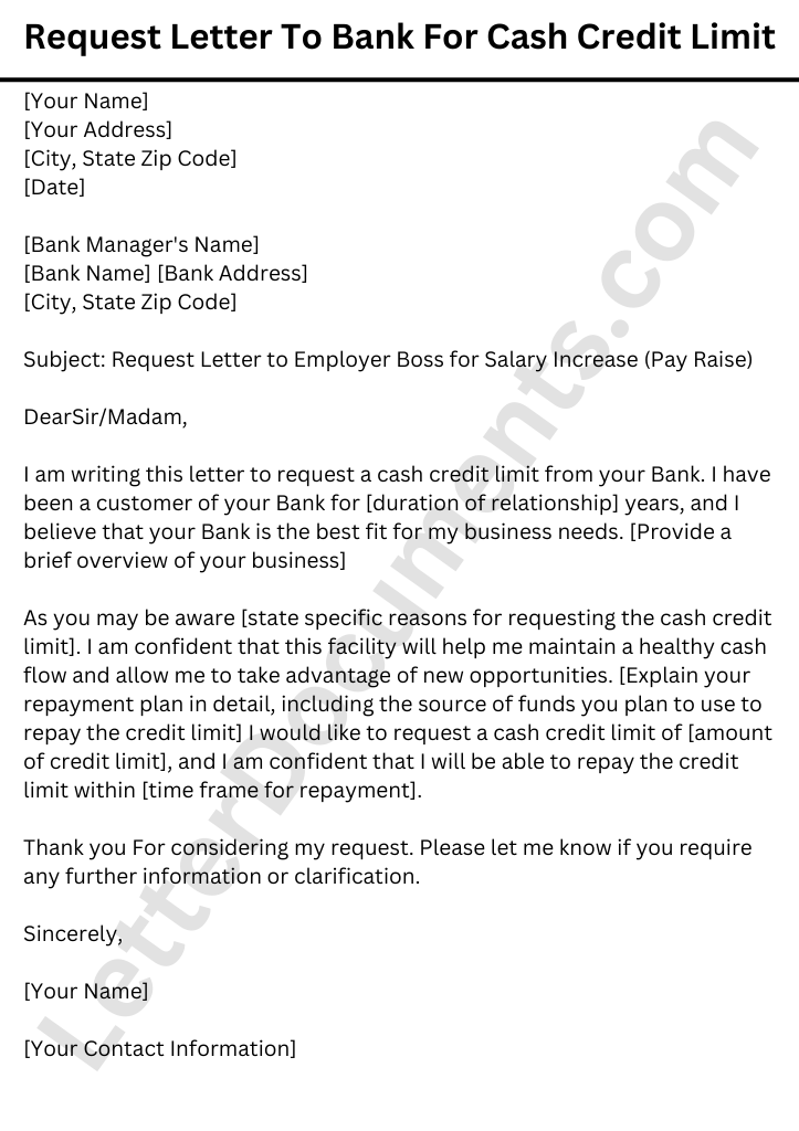 Sample Request Letter To Bank For Cash Credit Limit