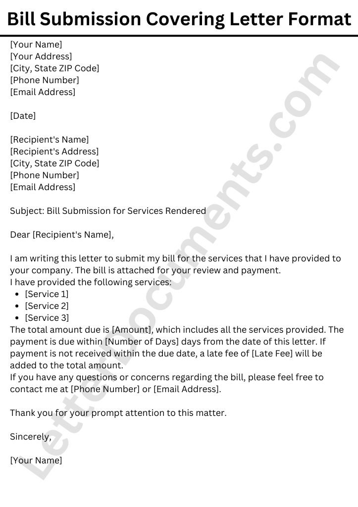 Sample Bill Submission Covering Letter Format