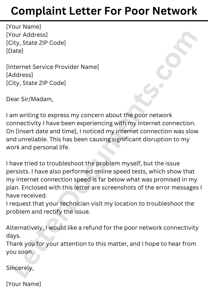 Sample Complaint Letter For Poor Network