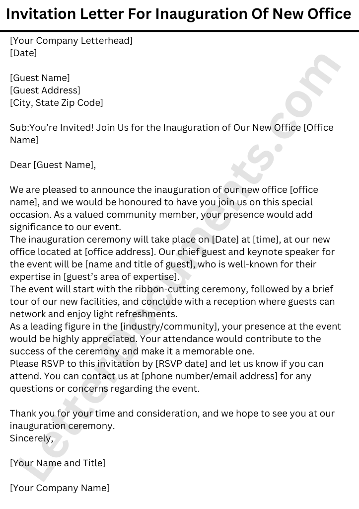 Invitation Letter For Inauguration Of New Office