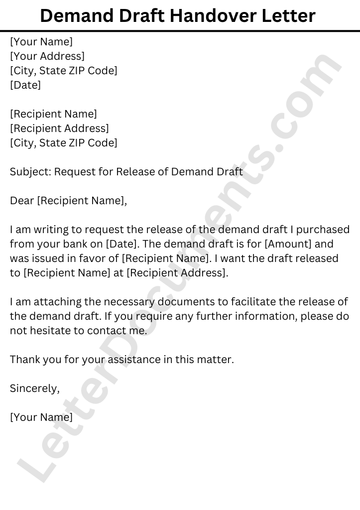 Demand Draft Handover Letter