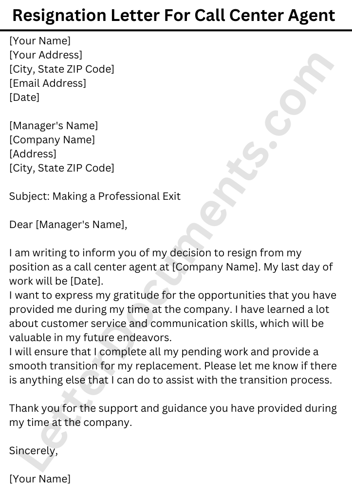 Resignation Letter For Call Center Agent
