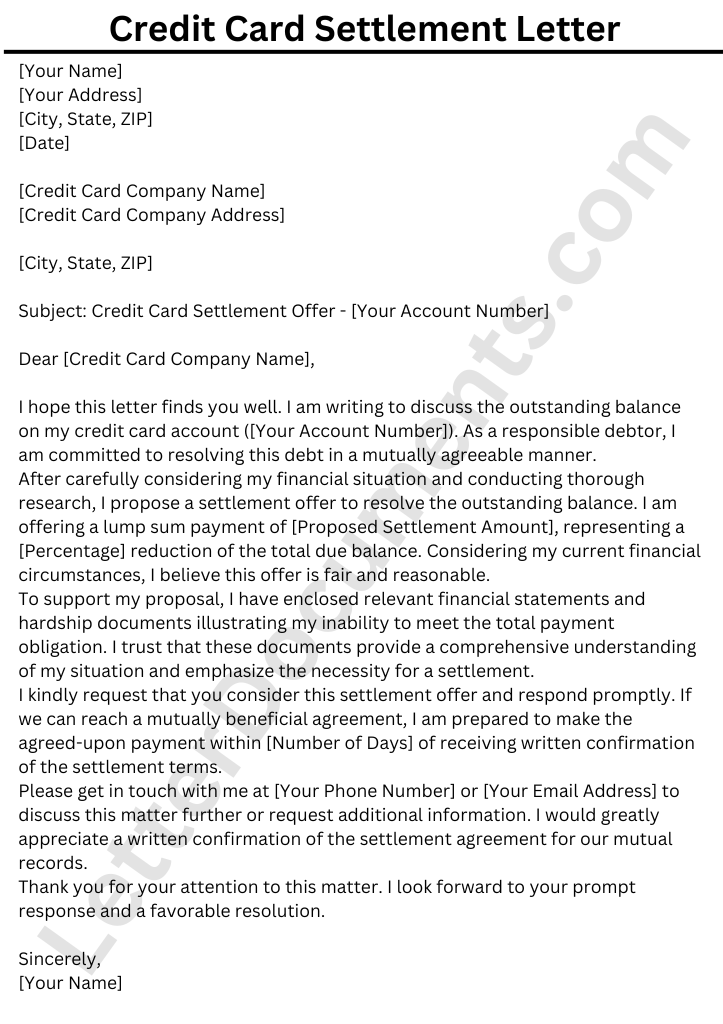 Sample Credit Card Settlement Letter